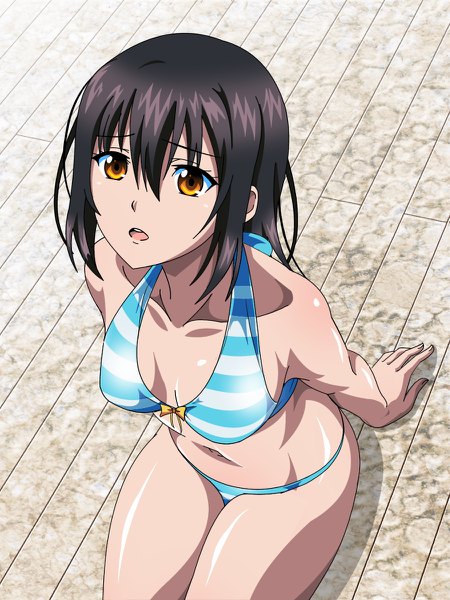 Anime picture 900x1200 with strike the blood himeragi yukina kororofu single long hair tall image fringe breasts open mouth light erotic black hair hair between eyes sitting bare shoulders payot cleavage from above arm support bare belly shadow