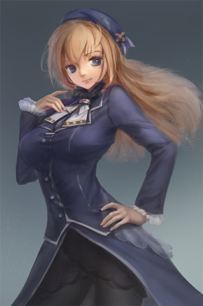 Anime picture 700x1053 with kantai collection atago heavy cruiser yueyue single long hair tall image fringe breasts blue eyes blonde hair standing looking away light smile hand on hip girl beret