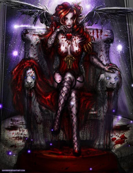 Anime picture 1180x1534 with sangrde single long hair tall image looking at viewer light erotic red eyes sitting red hair finger to mouth elf vampire girl thighhighs earrings blood crown fishnet stockings throne