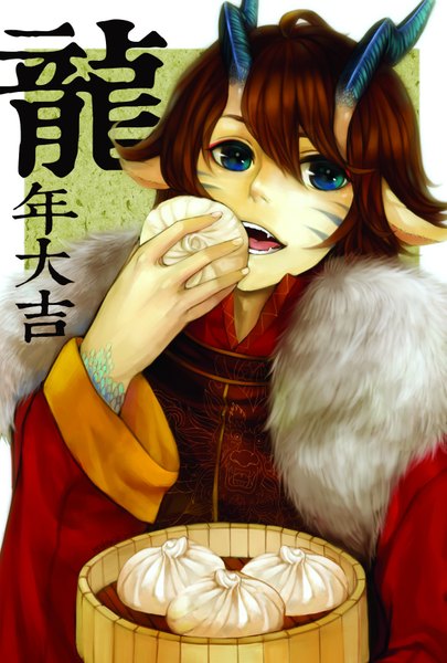Anime picture 1181x1748 with original okita koori single tall image short hair open mouth blue eyes red hair horn (horns) facial mark hieroglyph eating new year multicolored eyes face paint demon food fur nikuman