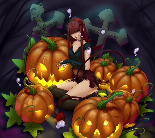 Anime picture 2804x2484 with forgotten-wings single long hair looking at viewer fringe highres light erotic red hair tail nail polish horn (horns) fingernails lips orange eyes halloween demon tail demon wings girl thighhighs black thighhighs
