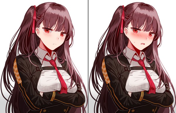 Anime picture 1201x772 with girls frontline wa2000 (girls frontline) silence girl long hair looking at viewer blush fringe breasts open mouth simple background red eyes brown hair upper body one side up gradient background crossed arms striped dual persona double buttons girl