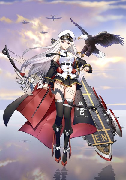 Anime picture 1050x1500 with azur lane enterprise (azur lane) sony kisaragi single long hair tall image looking at viewer fringe breasts smile hair between eyes purple eyes bare shoulders holding sky silver hair cloud (clouds) full body long sleeves head tilt