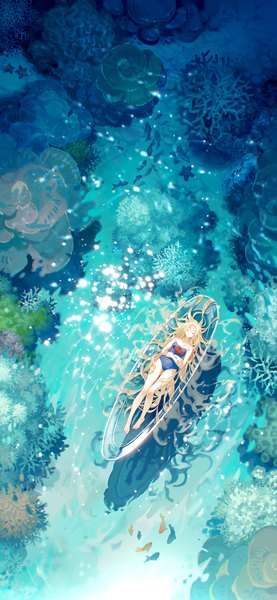 Anime picture 1154x2500 with summertime render kofune ushio tidsean single tall image fringe blonde hair full body lying eyes closed barefoot from above sparkle on back thigh gap ass visible through thighs sleeping afloat girl flower (flowers)