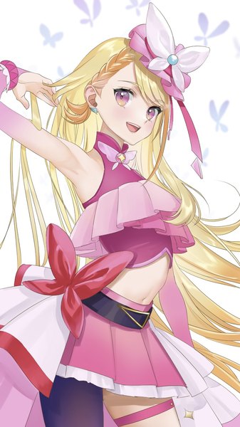 Anime picture 750x1334 with precure hirogaru sky! precure toei animation hijiri ageha cure butterfly shioremon single tall image looking at viewer open mouth blonde hair white background purple eyes very long hair :d midriff adjusting hair magical girl girl earrings