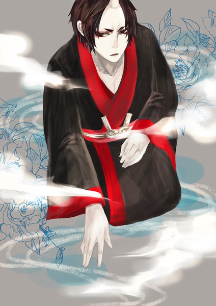 Anime picture 1000x1415 with hoozuki no reitetsu wit studio hoozuki (hoozuki no reitetsu) ihciuy0211 single tall image short hair black hair sitting looking away traditional clothes japanese clothes horn (horns) black eyes grey background smoke eyebrows oni horns seiza white skin