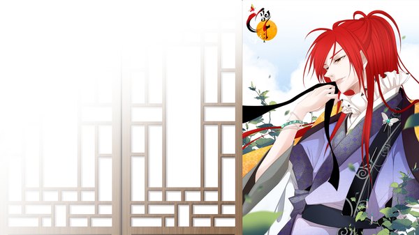 Anime picture 1920x1080 with twelve nights yi won muryui single long hair highres red eyes wide image red hair traditional clothes light smile boy ribbon (ribbons) leaf (leaves)