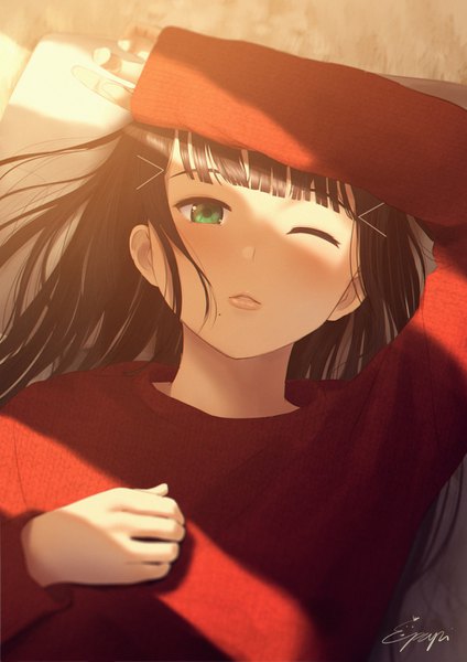 Anime picture 992x1403 with love live! sunshine!! sunrise (studio) love live! kurosawa dia papi (papiron100) single long hair tall image looking at viewer blush fringe brown hair green eyes signed lying blunt bangs parted lips one eye closed lips sunlight
