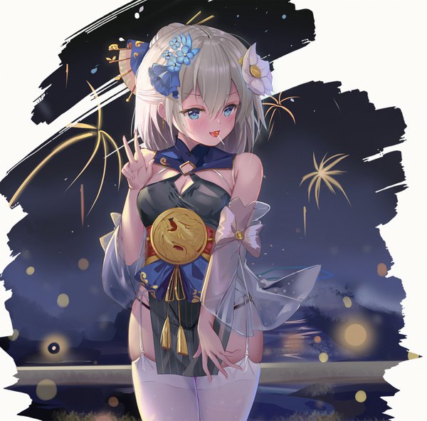 Anime picture 4166x4109 with honkai impact 3rd honkai (series) theresa apocalypse theresa apocalypse (starlit astrologos) zhuge kongming (honkai impact) zhongwu chahui single looking at viewer blush fringe highres short hair blue eyes light erotic hair between eyes standing holding absurdres cleavage traditional clothes