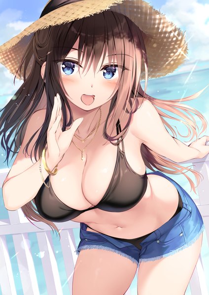 Anime picture 926x1310 with boku no kanojo sensei fujiki maka oryou single long hair tall image looking at viewer blush fringe breasts open mouth blue eyes light erotic hair between eyes brown hair large breasts standing sky outdoors :d