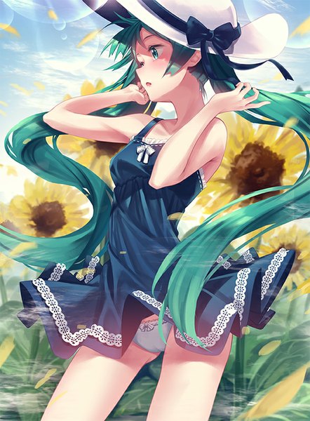 Anime picture 590x800 with vocaloid hatsune miku yasuno (airy light) single tall image blush light erotic twintails looking away very long hair aqua eyes green hair wind pantyshot girl dress underwear panties flower (flowers) hat