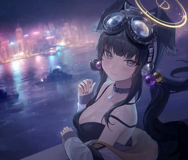 Anime-Bild 4008x3406 mit blue archive hibiki (blue archive) ff 01 single long hair looking at viewer fringe highres breasts light erotic black hair smile twintails animal ears payot absurdres cleavage upper body outdoors blunt bangs