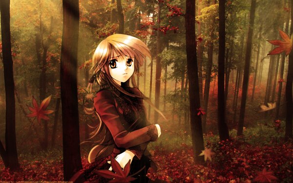Anime picture 1920x1200 with shiina yuu highres blonde hair wide image autumn photo background girl plant (plants) tree (trees) leaf (leaves) forest