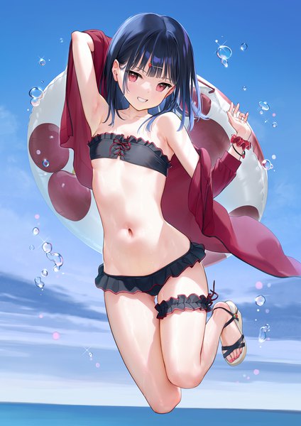 Anime picture 1013x1433 with original ichigo-chan (mignon) mignon single long hair tall image looking at viewer blush fringe breasts light erotic black hair smile red eyes sky cloud (clouds) outdoors blunt bangs nail polish arm up