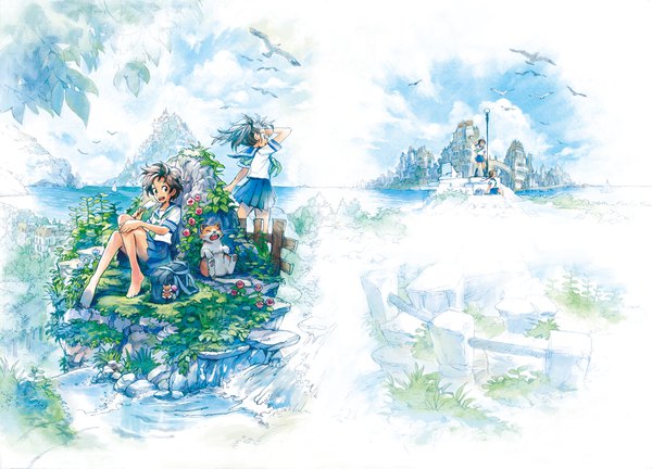 Anime picture 1666x1200 with original matsuda (matsukichi) long hair short hair open mouth brown hair standing sitting multiple girls cloud (clouds) :d barefoot wind city cityscape mountain landscape river nature waterfall