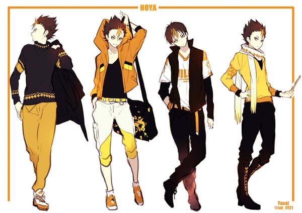 Anime picture 1500x1061 with haikyuu!! production i.g nishinoya yuu yasai (getsu) looking at viewer short hair simple background blonde hair brown hair standing white background yellow eyes bent knee (knees) multicolored hair orange hair open clothes open jacket two-tone hair multiple boys crossed legs
