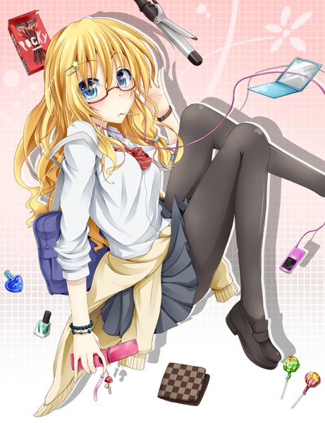 Anime picture 2000x2600 with touhou kirisame marisa flask (pandora) long hair tall image highres blue eyes blonde hair nail polish girl uniform hair ornament school uniform pantyhose glasses sweets black pantyhose bobby pin wire (wires) lollipop