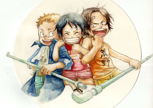Anime picture 1166x824 with one piece toei animation monkey d. luffy portgas d. ace sabo (one piece) chikama (minka) blush short hair open mouth black hair blonde hair smile brown hair white background looking away eyes closed multiple boys hand on hip scar traditional media