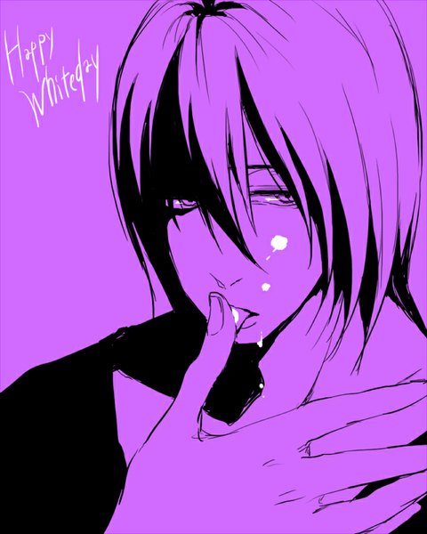 Anime picture 640x800 with kuroko no basket production i.g murasakibara atsushi nayuta (hanayushi) single tall image short hair light erotic simple background looking away from above finger to mouth monochrome portrait licking purple background white day boy suggestive fluid