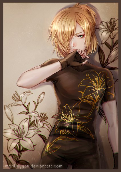 Anime picture 1240x1754 with yuri!!! on ice mappa yuri plisetsky monkeyyan single tall image fringe short hair blonde hair green eyes looking away hair over one eye floral print half updo framed hand to mouth floral background boy gloves black gloves