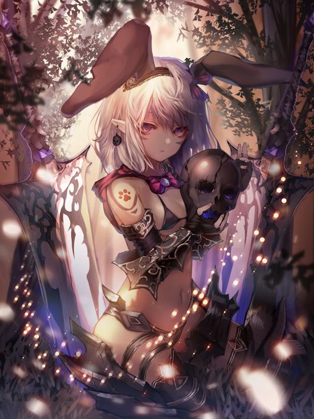 Anime picture 1200x1600 with original cotn7806 single long hair tall image looking at viewer fringe light erotic hair between eyes sitting purple eyes holding animal ears cleavage silver hair outdoors barefoot pointy ears tattoo bunny ears