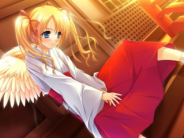 Anime picture 1024x768 with chaste chase! sebe elen blue eyes blonde hair twintails game cg evening sunset girl wings