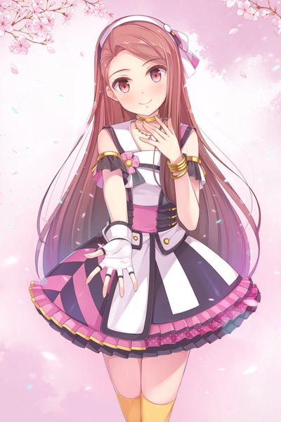 Anime picture 750x1125 with idolmaster minase iori yokaze japan single long hair tall image looking at viewer blush smile red eyes brown hair head tilt cherry blossoms outstretched hand girl thighhighs dress gloves flower (flowers) petals