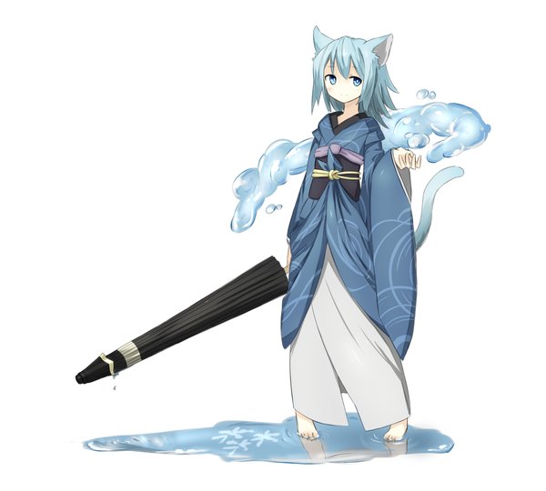 Anime picture 1666x1500 with original sakuto kazanami single short hair blue eyes simple background smile standing white background animal ears blue hair tail traditional clothes japanese clothes barefoot cat ears cat tail closed umbrella girl kimono