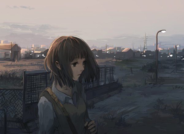 Anime picture 1200x879 with original hanno single short hair brown hair brown eyes city looking down cityscape scenic girl shirt building (buildings) vest lantern fence lamppost