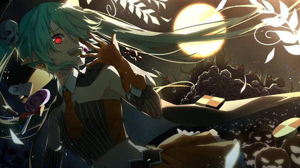 Anime picture 1536x864 with vocaloid hatsune miku itohana long hair looking at viewer fringe open mouth red eyes wide image twintails bare shoulders blue hair pleated skirt pointy ears hair over one eye night teeth bare belly fang (fangs) night sky