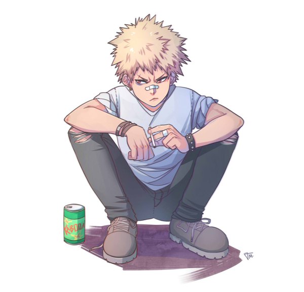 Anime picture 1866x1800 with boku no hero academia studio bones bakugou katsuki kos-tyan single fringe highres short hair blonde hair simple background white background holding brown eyes signed looking away full body bent knee (knees) short sleeves torn clothes scar