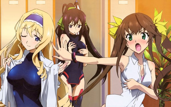 Anime picture 4000x2500 with infinite stratos 8bit cecilia orcott shinonono houki fang linyin long hair blush fringe highres open mouth blue eyes light erotic black hair blonde hair smile hair between eyes brown hair wide image standing twintails