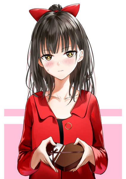 Anime picture 1000x1414 with original tameiki single long hair tall image looking at viewer blush fringe black hair simple background standing holding yellow eyes upper body blunt bangs sweatdrop valentine girl bow hair bow