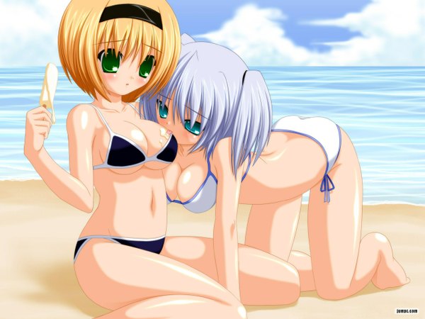 Anime picture 1280x960 with blush short hair breasts blue eyes light erotic blonde hair twintails green eyes sky wallpaper beach watermark short twintails shoujo ai on all fours breast press sand bob cut swimsuit bikini