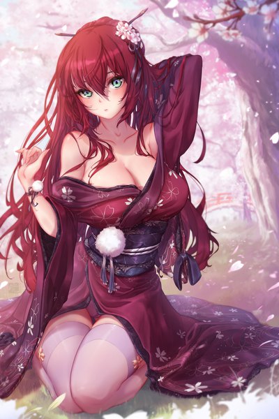 Anime picture 4200x6300 with original mitsu (mitsu art) single long hair tall image looking at viewer blush fringe highres breasts light erotic hair between eyes large breasts sitting bare shoulders green eyes signed payot absurdres cleavage