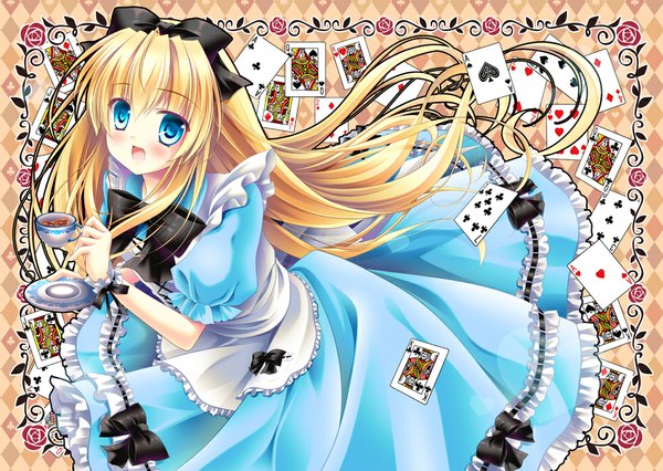 Anime picture 1000x711 with alice in wonderland alice (alice in wonderland) mizuki yuuma single long hair blush open mouth blue eyes blonde hair girl dress bow hair bow frills cup card (cards)