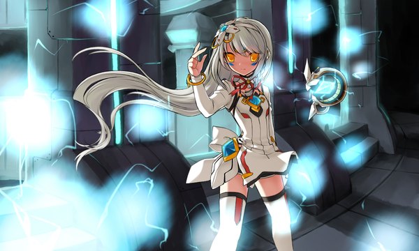 Anime picture 2000x1200 with elsword eve (elsword) meimone single long hair fringe highres wide image yellow eyes white hair facial mark electricity girl thighhighs hair ornament weapon white thighhighs bracelet