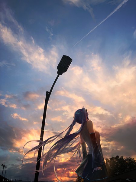 Anime picture 3024x4032 with vocaloid hatsune miku leiq single tall image highres standing twintails bare shoulders signed absurdres sky cloud (clouds) outdoors very long hair wind from behind aqua hair from below evening