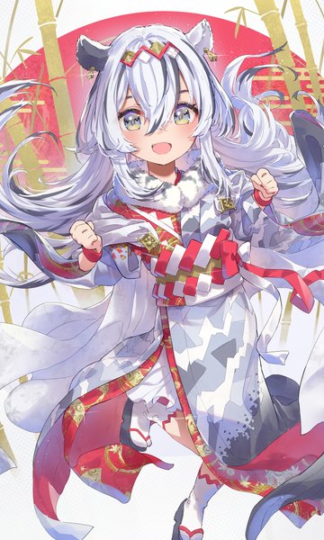 Anime picture 4500x7500 with original hatsuga (dmaigmai) single long hair tall image looking at viewer fringe highres open mouth hair between eyes animal ears absurdres silver hair traditional clothes :d japanese clothes multicolored hair streaked hair new year multicolored eyes