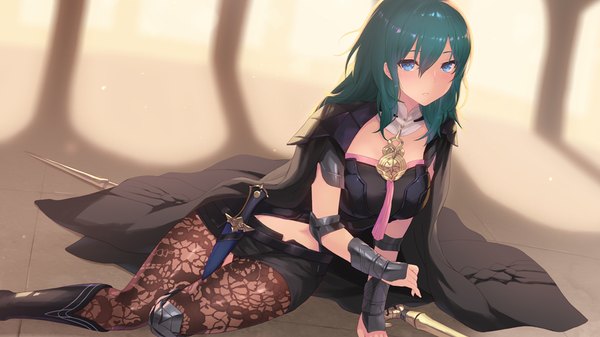 Anime picture 1920x1080 with fire emblem fire emblem: three houses nintendo byleth (fire emblem) byleth (female) (fire emblem) cait single long hair looking at viewer blush fringe highres breasts blue eyes hair between eyes wide image sitting blue hair bent knee (knees) parted lips