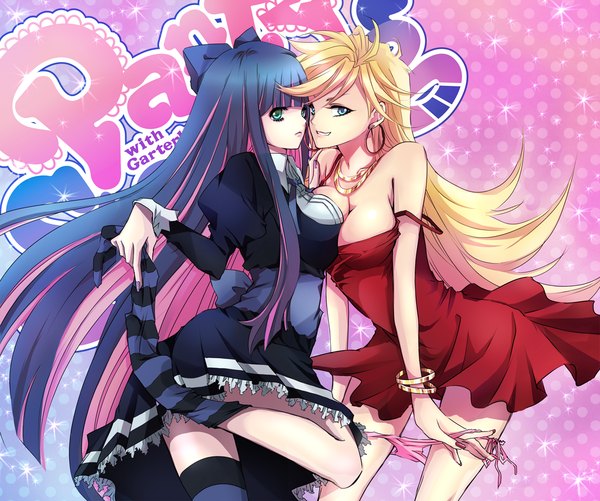 Anime picture 1197x1000 with panty & stocking with garterbelt anarchy stocking anarchy panty mizuiro tomato (artist) long hair blue eyes light erotic blonde hair bare shoulders multiple girls green eyes cleavage purple hair multicolored hair two-tone hair undressing colored inner hair face to face breast press girl