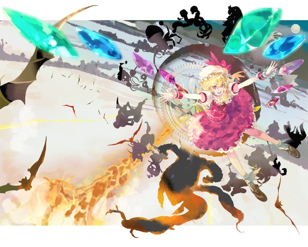 Anime picture 2700x2160 with touhou flandre scarlet 119 single highres open mouth blonde hair pink eyes flying girl dress bow hat wings shoes moon crystal bat