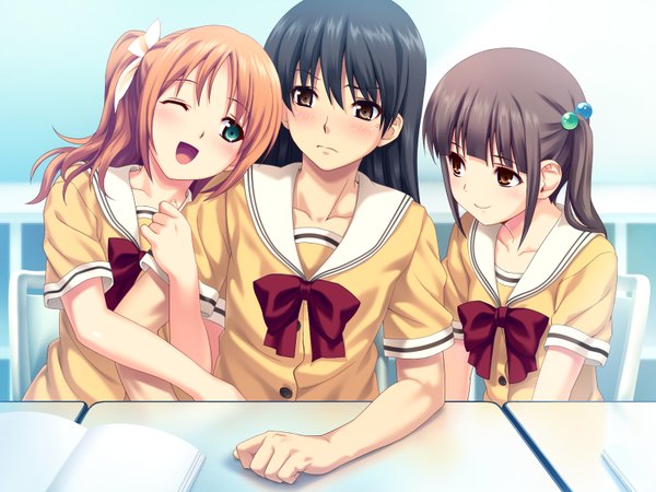 Anime picture 1600x1200 with tropical kiss minazuki izumi suzukaze hotaru koutaro long hair black hair brown hair multiple girls brown eyes green eyes game cg orange hair otoko no ko girl boy 2 girls serafuku