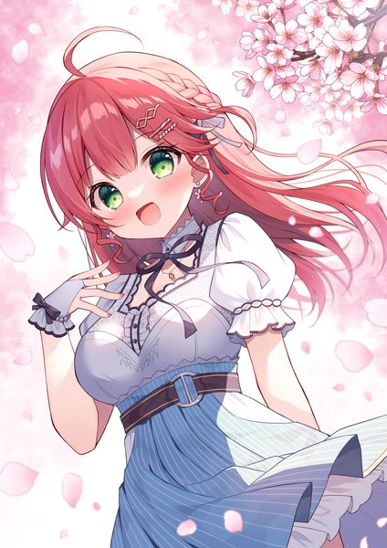 Anime-Bild 1200x1697 mit virtual youtuber hololive sakura miko sakura miko (street) mauve single long hair tall image looking at viewer open mouth green eyes pink hair ahoge :d wind from below puffy sleeves cherry blossoms official alternate costume spring
