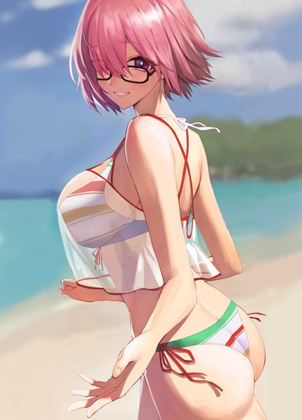 Anime picture 2646x3679 with fate (series) fate/grand order mash kyrielight mash kyrielight (swimsuit of perpetual summer ver.02) rororo single tall image looking at viewer blush fringe highres short hair breasts light erotic smile hair between eyes large breasts standing purple eyes pink hair