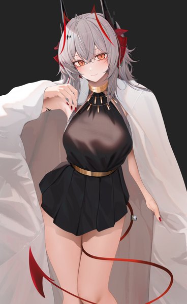 Anime picture 3644x5944 with arknights w (arknights) ru zhai single long hair tall image looking at viewer blush fringe highres breasts simple background smile hair between eyes standing absurdres silver hair tail nail polish pleated skirt