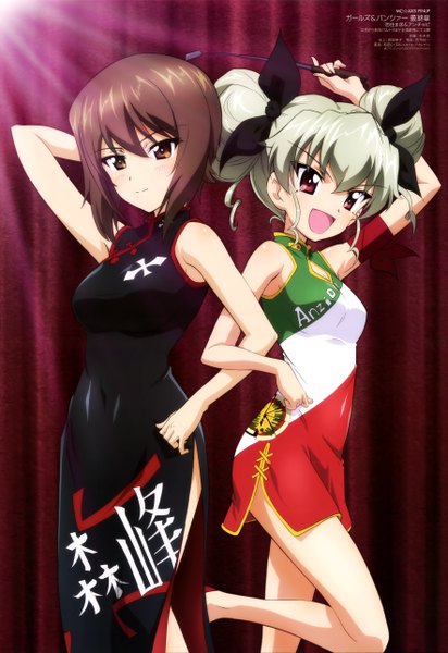 Anime-Bild 3535x5148 mit girls und panzer anchovy (girls und panzer) nishizumi maho sugimoto isao tall image highres short hair open mouth red eyes brown hair bare shoulders multiple girls brown eyes looking away absurdres silver hair traditional clothes official art hair bun (hair buns) alternate costume