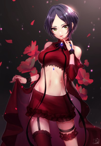 Anime picture 1665x2405 with idolmaster idolmaster cinderella girls hayami kanade mairo (ilo) single tall image looking at viewer short hair smile bare shoulders signed yellow eyes purple hair nail polish head tilt fingernails bare belly midriff zettai ryouiki finger to mouth