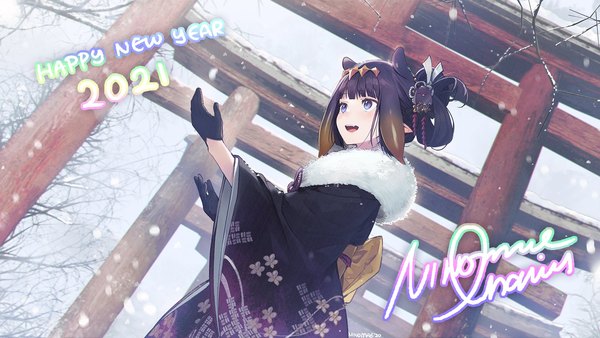 Anime picture 1920x1080 with virtual youtuber hololive hololive english ninomae ina'nis ninomae ina'nis (artist) single long hair highres open mouth blue eyes black hair wide image animal ears looking away outdoors traditional clothes :d japanese clothes pointy ears character names