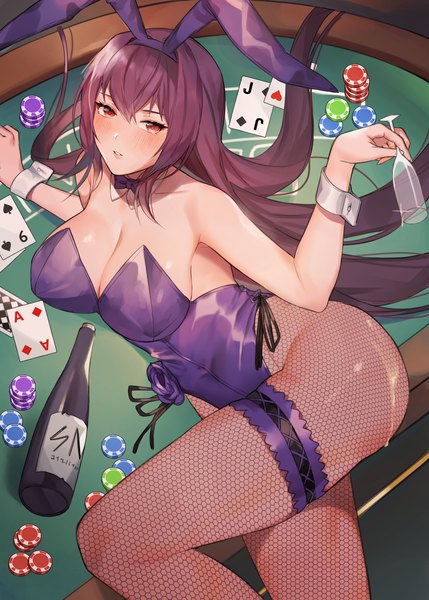 Anime picture 1500x2100 with fate (series) fate/grand order scathach (fate) (all) scathach (fate) scathach (piercing bunny) (fate) muunai single long hair tall image looking at viewer blush fringe breasts light erotic hair between eyes red eyes large breasts holding animal ears purple hair